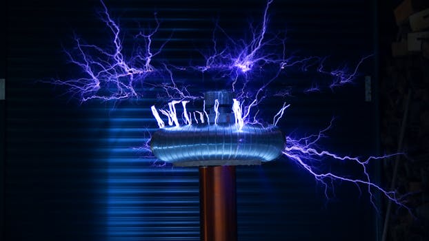 A Tesla coil producing powerful electric arcs in a dark setting.